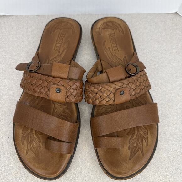 Women’s Born Brown Leather Strappy Slip On Buckle Thongs Sandals Size 9 - Picture 3 of 9